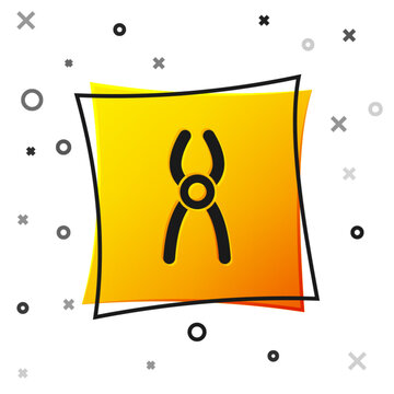 Black Dental pliers icon isolated on white background. Dental equipment. Yellow square button. Vector