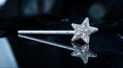 Glittery star wand on black reflective surface. Fairy tale magic accessory for costume party or fantasy cosplay. Sparkling symbol of imagination, belief in miracles and childhood wonder. © Hamster