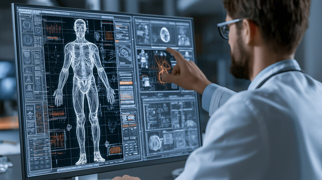 Doctor analyzes a digital human body scan on medical monitors, reviewing anatomy data with advanced diagnostic technology.