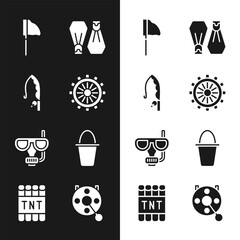 Set Ship steering wheel, Fishing rod, net with fish, Rubber flippers for swimming, Diving mask and snorkel, bucket, Spinning reel fishing and Detonate dynamite bomb stick icon. Vector © vector_v