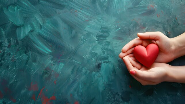 Hands holding red heart symbol on teal painted background for charity and compassion banner and awareness design. Horizontal banner. Copy space