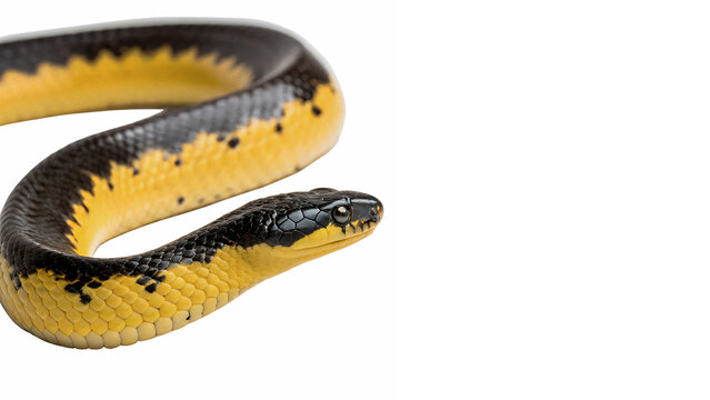 Coiled yellow and black striped wild snake reptile predator isolated on transparent background