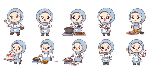 Cute cartoon girl chef in light blue hijab. Vector collection