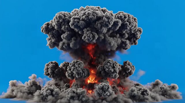 Dramatic volcanic eruption with fiery lava and dark ash clouds against blue sky