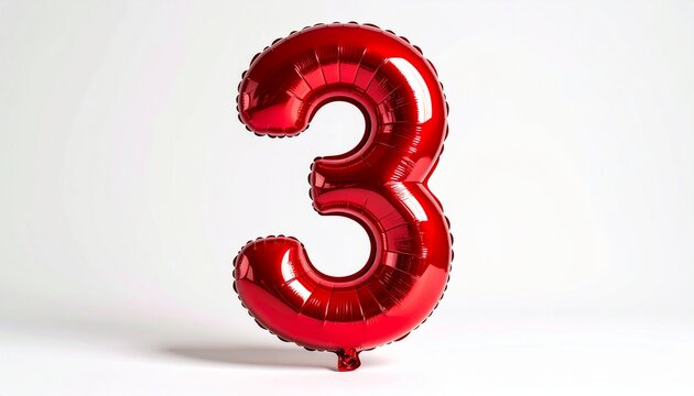 Glossy red balloon shaped like number three, symbolizing celebration, creativity, and the dynamic energy of joyful expression.