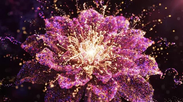 Abstract particle flower opens and reveals layers in a dark space scene with colorful textures and patterns
