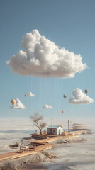 Fototapeta premium Lonely cottage on wooden pier under large floating cloud raining delicate threads with hot air balloons drifting in pastel sky
