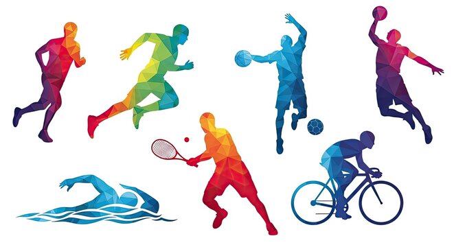 Colorful geometric athlete silhouettes practicing various sports