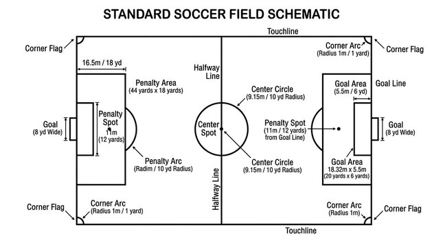 Technical diagram of standard soccer field layout.