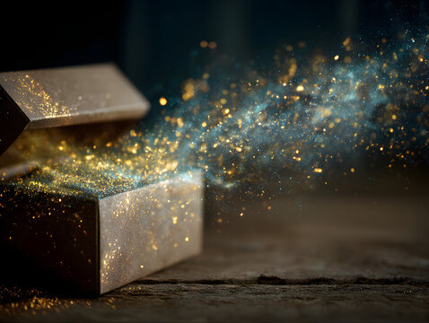 Sparkling gift box with glowing gold dust and blue shimmer floating into air creating magical festive atmosphere