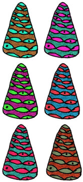 Fish scale pattern cone shaped single devil horns set, colorful demon horns hand-drawn colored pencil