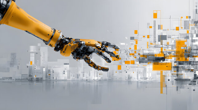 Robotic arm automation concept robotic arm arranging abstract automation concept robotic arm arranging bbb c e d futuristic industrial manipulator reaching toward data grid with orange accents