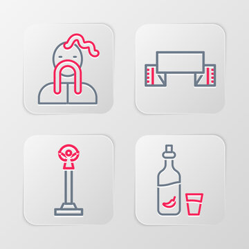 Set line Vodka with pepper and glass, Monument of Independence, Embroidered towel and Ukrainian cossack icon. Vector