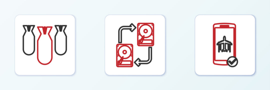 Set line Flight mode in the mobile, Aviation bombs and Data exchange with hhd icon. Vector