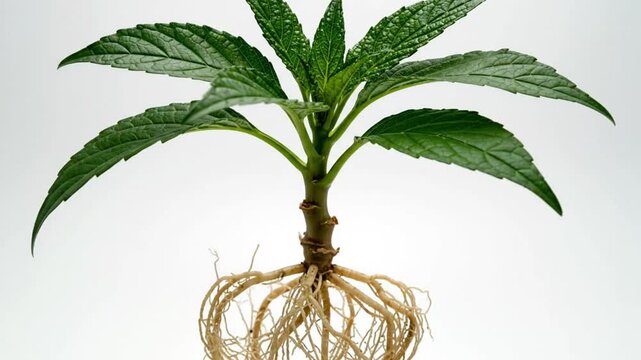 Close-up of a young plant with vibrant green leaves and exposed roots against a clean white backdrop
