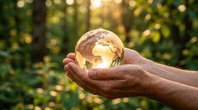Senior male hands holding a glowing glass globe in forest representing intergenerational earth and ozone care