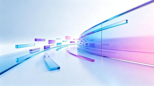 Curved transparent blue and pink glass rectangles scattered on light gradient white background creates modern futuristic abstract technology concept for contemporary digital design projects