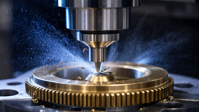 A close-up view of a metal gear being machined by a drill press