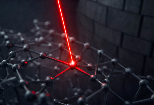 A 3D rendering of a molecular structure with a red laser beam