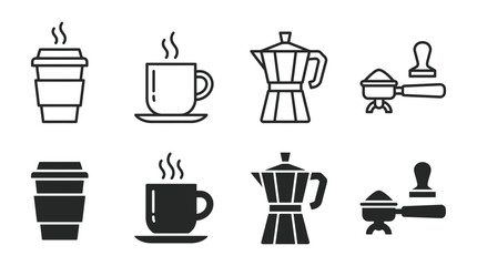 Obraz premium Coffee shop and espresso preparation icon set including cups and moka pot with espresso beverage caffeine preparation