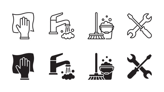 Cleaning and home maintenance icon set including faucet mop and tools with cleaning maintenance screwdriver housework
