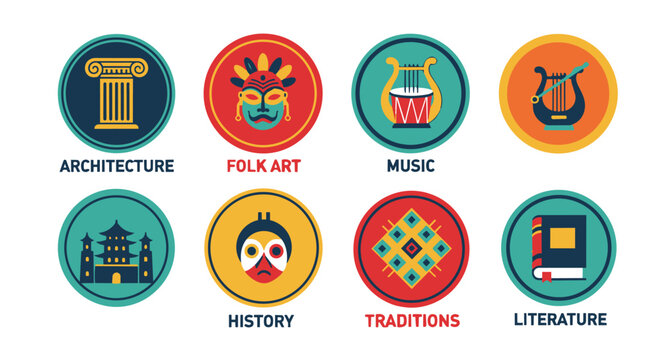 Diverse cultural icons in vibrant teal, orange, and red circles showcase architecture, folk art, music, history, traditions, and literature, representing creative global