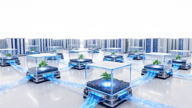 A futuristic laboratory with multiple transparent cubes containing plants and blue glowing lines
