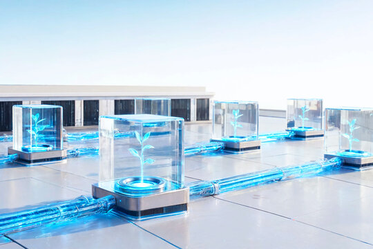 A futuristic rooftop with glowing blue technology and sleek architecture