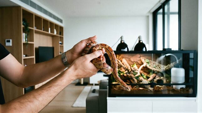 Man holding corn snake in hands at home. Care and interaction with exotic reptile pet. Terrarium habitat with heat lamp in background. Handling domesticated animal, hobbyist lifestyle.