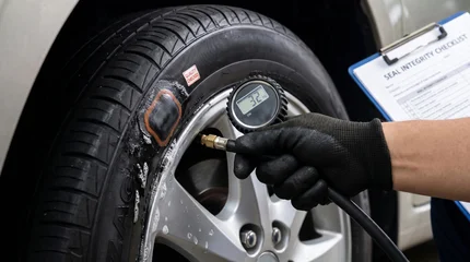 Checking Tire Pressure with Digital Gauge After Applying Seal Patch © GeniusMinus