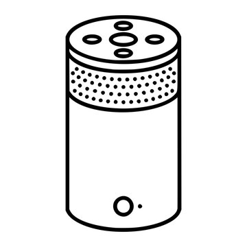 Smart speaker vector icon illustration, hand-traced minimalist line art of cylindrical wireless audio assistant device with dotted grille pattern, modern home technology symbol in clean black outline