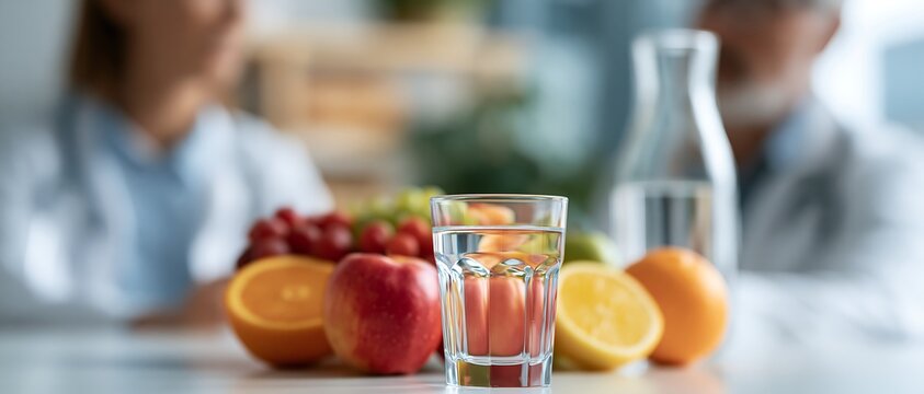 Fresh fruit and a glass of water illustrating dietary recommendations for older adults during a medical consultation. Fiber intake, hydration and constipation prevention for healthy aging