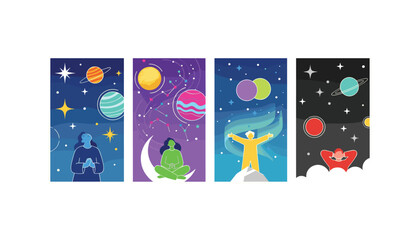 Fototapeta premium Set of vertical cards with illustrations of people meditating and gazing at the starry night sky