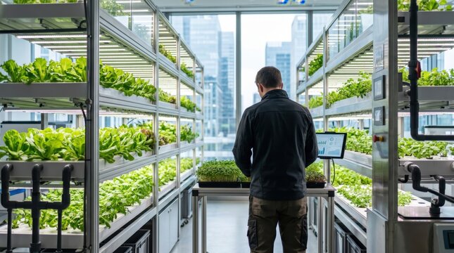 Vertical farming indoor agriculture greenhouse with hydroponic lettuce shelves, agronomist checking plants with tablet computer, sustainable urban food production, modern farmin...