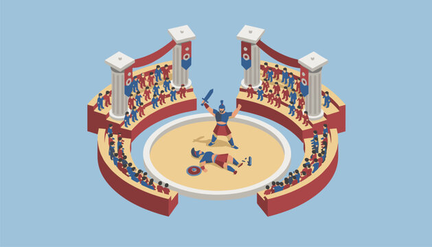 Isometric gladiator arena showing victorious warrior over defeated opponent with spectators in stands