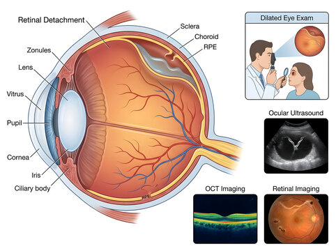 Medical illustration of retinal detachment in human eye anatomy isolated on white background