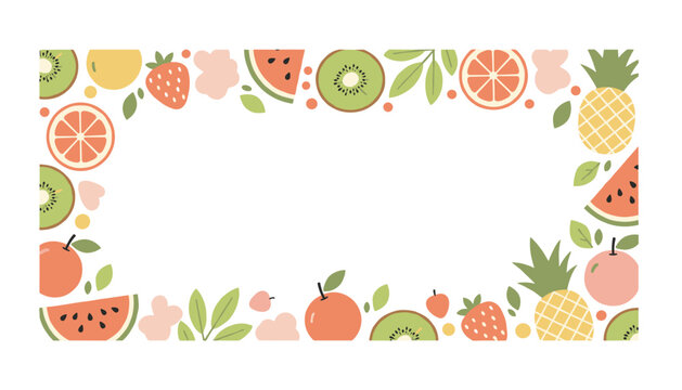 Colorful fresh fruit frame border on white background with copy space