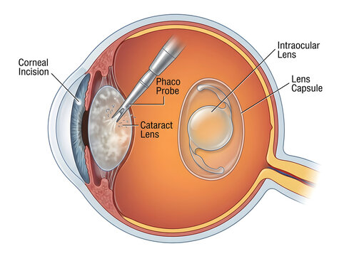 Phacoemulsification cataract surgery with intraocular lens insertion isolated on white background