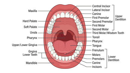 Human Mouth Anatomy: Upper and Lower Dentition Diagram © reres