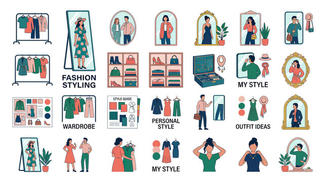 Fashion Styling, Wardrobe, Outfit Ideas, Personal Style Flat Design Icons Set