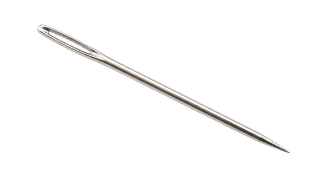 Closeup of a single silver sewing needle isolated on transparent background