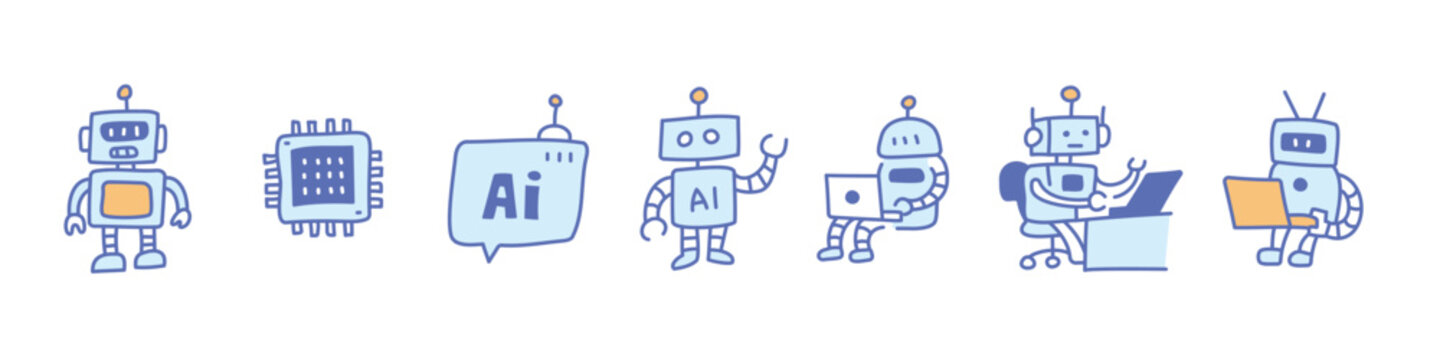 AI robot doodle set. It includes agentic ai, automation, technology, artificial intelligence, and assistance vector illustrations.