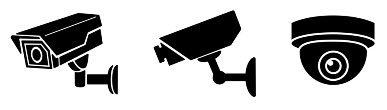 CCTV Surveillance Camera Icon Set for Security and Monitoring Systems (Bullet and Dome Cameras, Black Silhouette Vector Illustrations for Web, UI, and Signage Design)