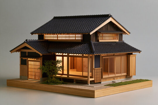 黒い瓦屋根と長い縁側のある二階建ての和風住宅模型