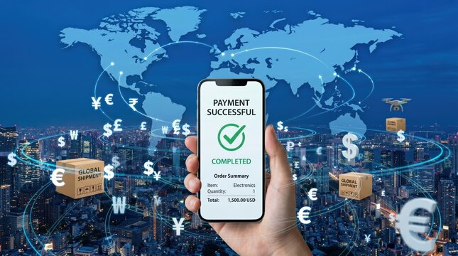 Successful payment completed on smartphone screen showing global shipment and currency symbols, representing international e-commerce business, online shopping transaction, and ...