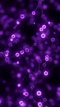 Cinematic 3D motion graphics of a complex plexus network structure glowing in vibrant purple and violet neon colors, set against a solid dark black background