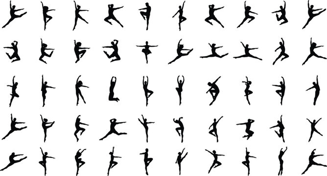 Dance silhouette mega collection vector set of active dancers jumping leaping and performing modern ballet poses isolated on white background