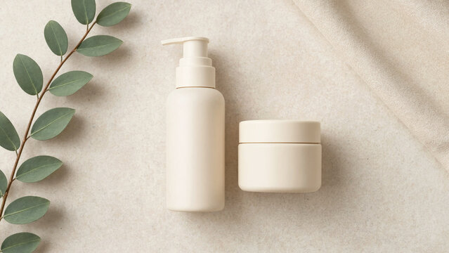 A serene arrangement of skincare products and a leaf on a soft surface