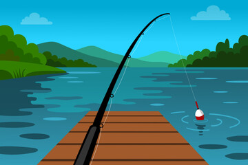 Fishing rod with bobber floating on calm lake water from wooden dock perspective outdoors recreation landscape fisherman vacation tranquil © Adiba