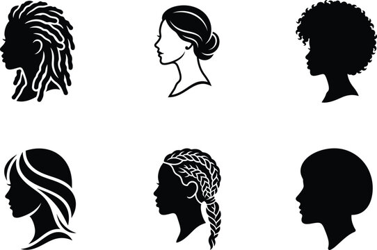 six black silhouettes of women with different hairstyles on white background